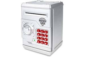Qwifyu Piggy Bank for Boys Girls, 4 5 6 7 8 9 10 Year Old Girl Boy Birthday Gift Ideas, Electronic Password Money Saving Box ATM, Great Gift Safe Bank Toys for Kids (Silver)