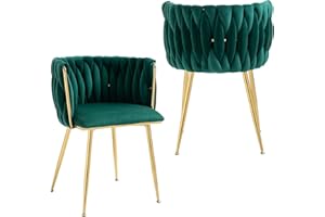 NIOIIKIT Modern Velvet Dining Chairs Set of 2 Hand Weaving Accent Chairs Living Room Chairs Upholstered Side Chair with Golden Metal Legs for Dining Room Kitchen Vanity (Emerald)