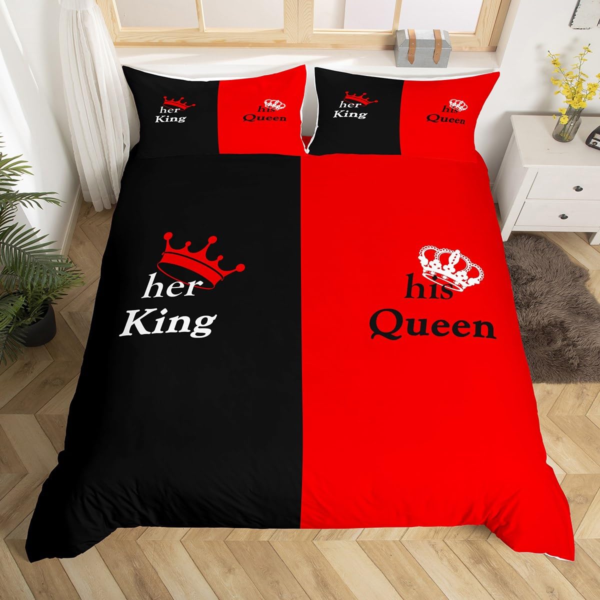 Homemissing Crown Duvet Cover King, Lovers Red Black Mr Mrs Comforter Cover King and Queen Bedding Set for Lovers Couple Lover Bedspread Cover 3Pcs With 2 Pillow Case