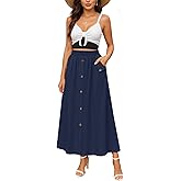 YSYOKOW Women Elastic High Waisted A-Line Midi Skirt Button Front Flowy Long Skirts Casual with Pockets