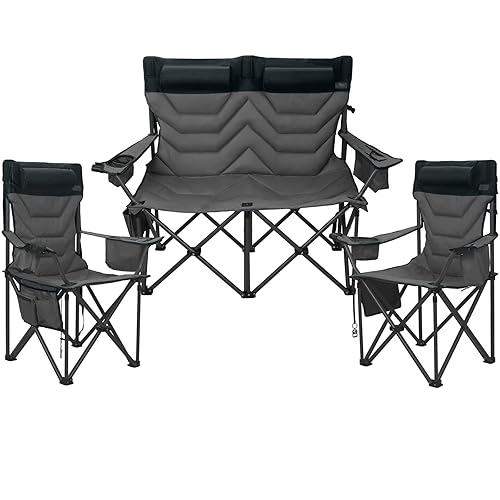 XplrKamp Oversized High-Back Camping Chairs with Pillow, Dual Cup Holders & Cooler Bag - Heavy Duty Foldable Outdoor Chair for Adults4PC (1, BLACKGREY-3PC-SET)