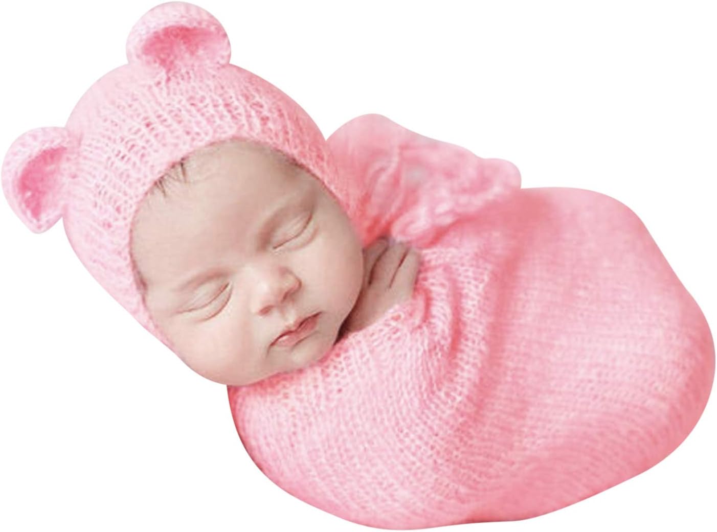 Newborn Baby Photography Props Costume Knitted Hat Sleeping Bag Crochet Stretch Wrap (Pink, One Size)
