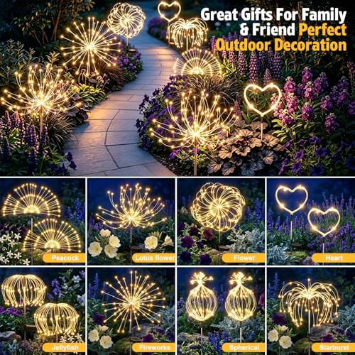 Solar Lights 120 LED Outdoor Garden Decoration, Solar Fireworks Lamps, Warm White, Waterproof Decorative Solar Light for Night Patio Balcony Sidewalks Pathway Landscape, 2 Pieces