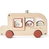 Wooden Animal Bus Toy with 3 Removable Animal - Shaped Discs, Designed with Pop Up, Roll and Ride Toy for Toddler Aged 3 Years and Up, Interactive Montessori Educational Toy for Toddlers' Daily Play