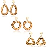 BSJELL Rattan Hoop Earrings Woven Handmade Straw Circle Drop Earrings Hammered Disc Stud Wicker Bohemian Lightweight Earrings for women