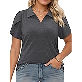 VISLILY Plus-Size-Summer-Tops for Women Casual Collared V Neck Polo Shirts Business Tunics Trendy Petal Short Sleeve Blouses