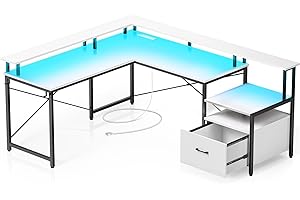Rolanstar Computer Desk with File Drawer, 64" L Shaped Desk with Power Outlet & LED Strip, L Shaped Computer Corner Desk with