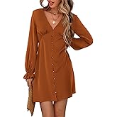 Amoretu Women's Summer Dresses Long Sleeve V Neck Button Down Party Short Dress (Medium, Orange)