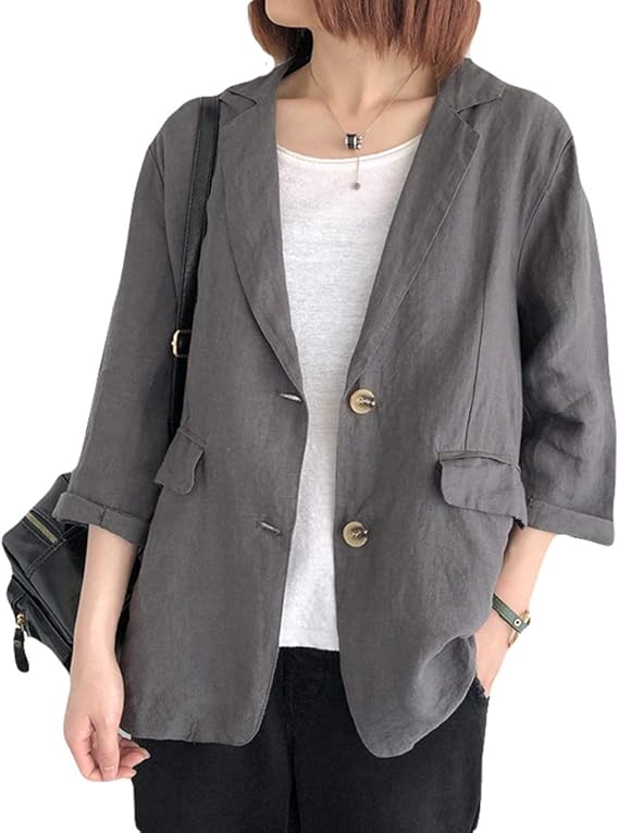 Amazon Ksila スーツ レディース アウター 長袖 綿麻 ブレザー 薄手 無地 シンプル カジュアル ゆったり 韓国 ファッション テーラード ジャケット 日焼け止め スーツジャケット 通勤 着痩せ カーディガン 夏物 夏物 春 Freesizeグレー コート ジャケット 通販