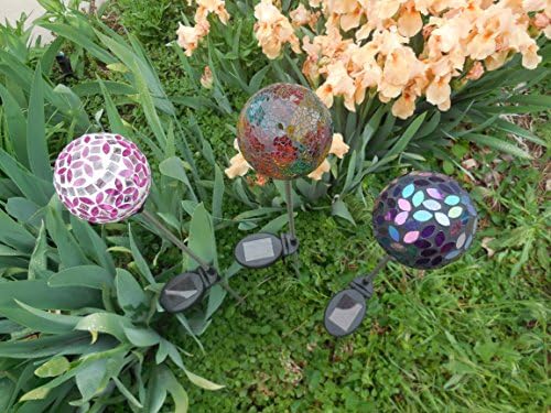 Set of 3 Ball Globe Lights, Mosaic Crackle Colorful Glass Ball Multi-color Color Change Garden LED Lamps