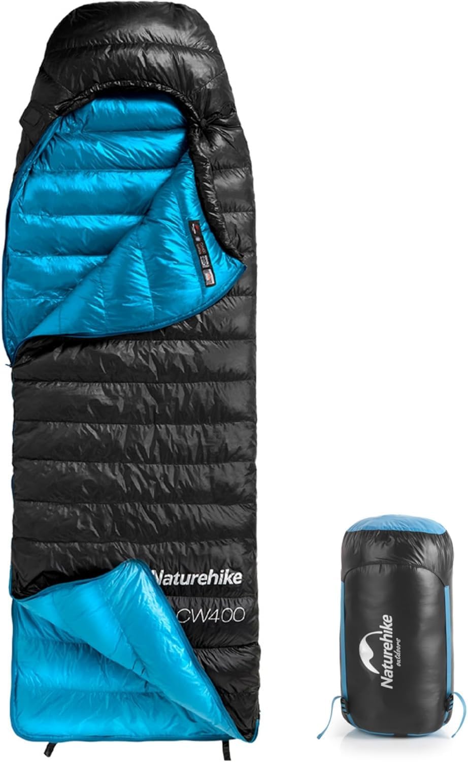 Naturehike 220×85cm CW400 Ultra light down sleeping bag Adult mummy camping sleeping bag 650FP -11℃—6℃ With waterproof compression bag Suitable for hiking/cycling/camping Blue-black