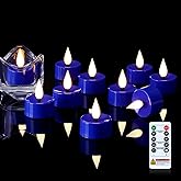 Amagic Flameless Blue Timer Remote Tealights Candles, 3D Black Wick Flickering Tea Light, 300+Hour Colored Votive Candles Battery Operated, Set of 12 for Wedding, Theme Party, Aniversary, Halloween