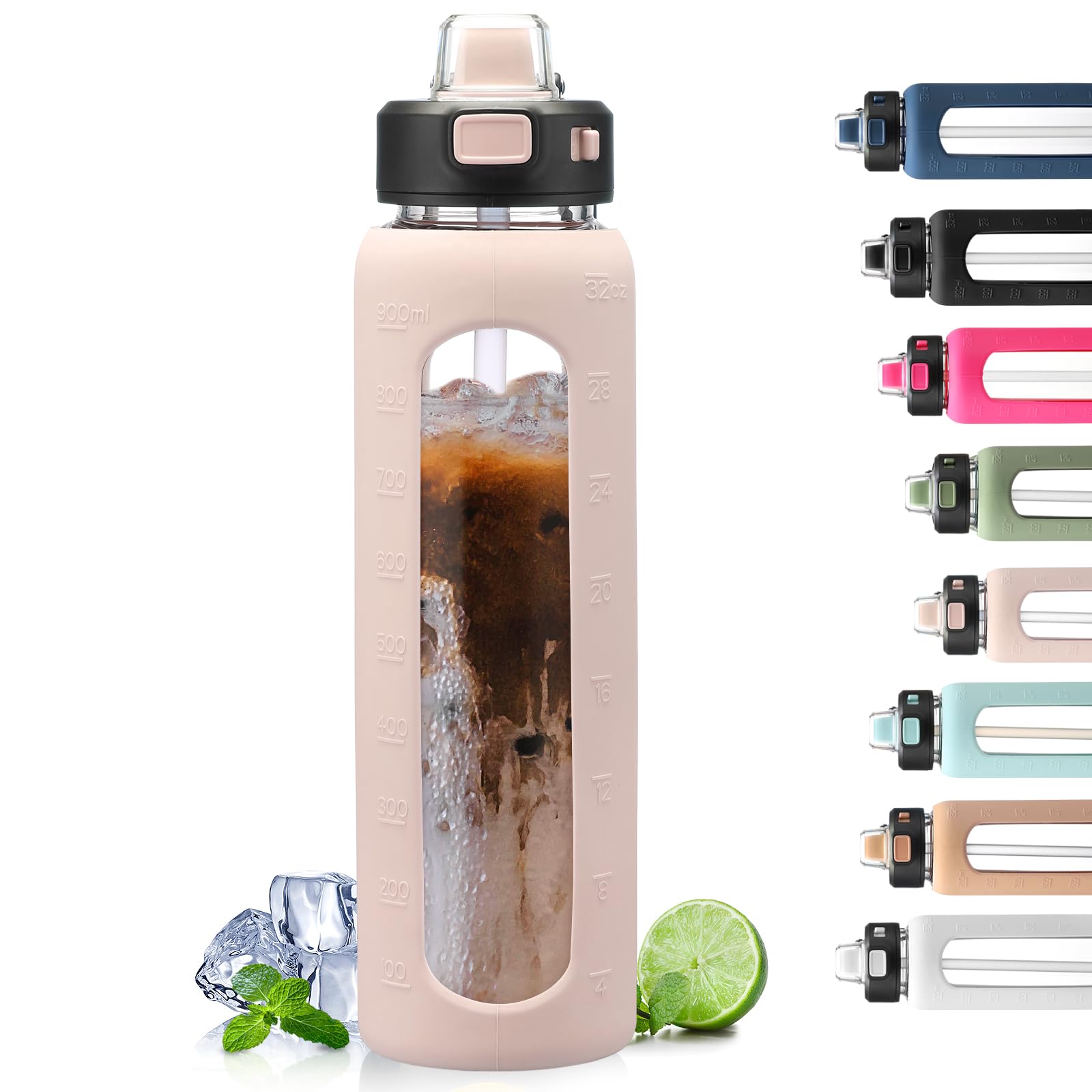 BLUEGO 900ml Glass Water Bottle with Handle and Straw Drinking Hydration Bottle with Silicone Sleeve and Time Marking Motivational Water Bottle for Gym Sports Outdoor Leak-proof,Pink