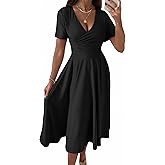 Nmoder Casual Wrap Midi Dresses for Women Wedding Guest Cocktail Tea A-Line Swing Dresses V Neck Short Sleeve with Pockets