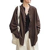 Aeneontrue Women's Linen Oversized Blouses Vintage Long Sleeve Jackets Loose fit Chinese Frog Shirts