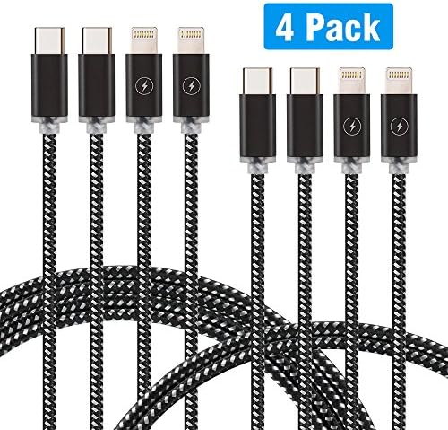 Kinbashi 4 Pack ( 2x3FT , 2x6FT ) USB-C to Lightning 8Pin, Lightning to Type-C Charging Cable (Grey-in-Black)