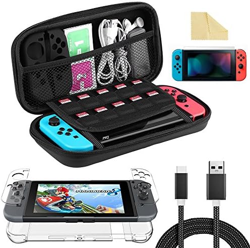 NiceCo Professional Accessories Kit for Nintendo Switch, Protective Travel Carrying Case Bag, Transparent Crystal Switch Joy-Con Cover Case, 10 Feet USB C Charger Cable, Screen Protector