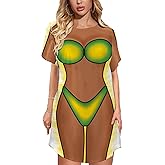 Kasopp Women's Funny Bikini Beach Cover Up Shirt Cute Short Sleeve Baggy Body Print Swimsuit Cover-Up T Shirt Dress