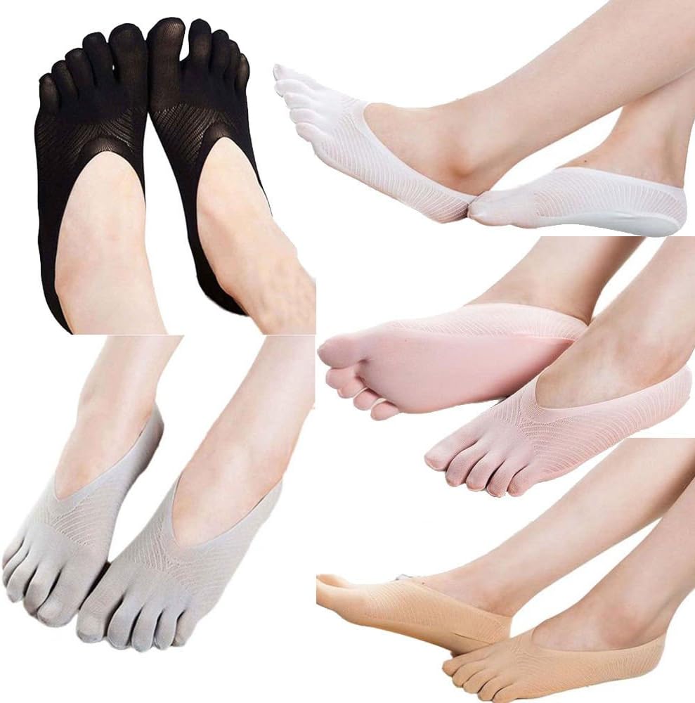 Womens 5 pair Low Cut Crew Ankle Thin Silk Socks Five Finger Toe Hosiery Stockings Lot Black Grey/Gray Beige/Skin Pink Light Blue