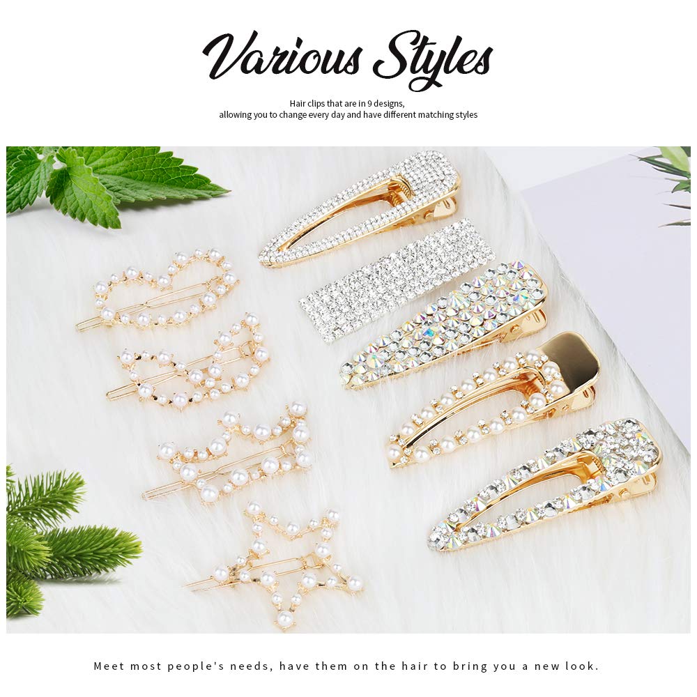 9 Pcs Shining Hair Clips, Teenitor Ultra Sparkly 5 Pcs Large Size Rhinestone Hair Alligator Clip And 4 Pcs Pearl Barrettes For Women Girl Hair Styling Accessories Christmas Gift-Golden : Beauty