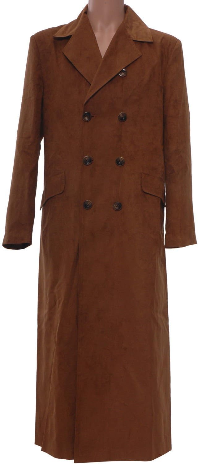 Men's long Brown Artificial Suede Trench Coat Halloween Costume Male L