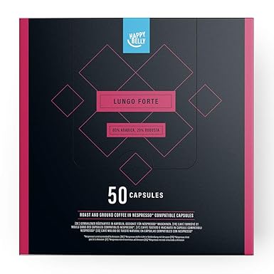 Amazon-Marke: Happy Belly Lungo Forte Gemahlener UTZ Röstkaffee in Kapseln (kompostierbar), geeignet für Nespresso-Maschinen,