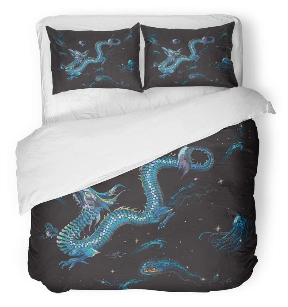 Emvency 3 Piece Duvet Cover Set Breathable Brushed Microfiber Fabric Oriental with Blue Dragon and Starry Sky Trend Embroidered with Comets Galaxy Bedding Set with 2 Pillow Covers Full/Queen Size