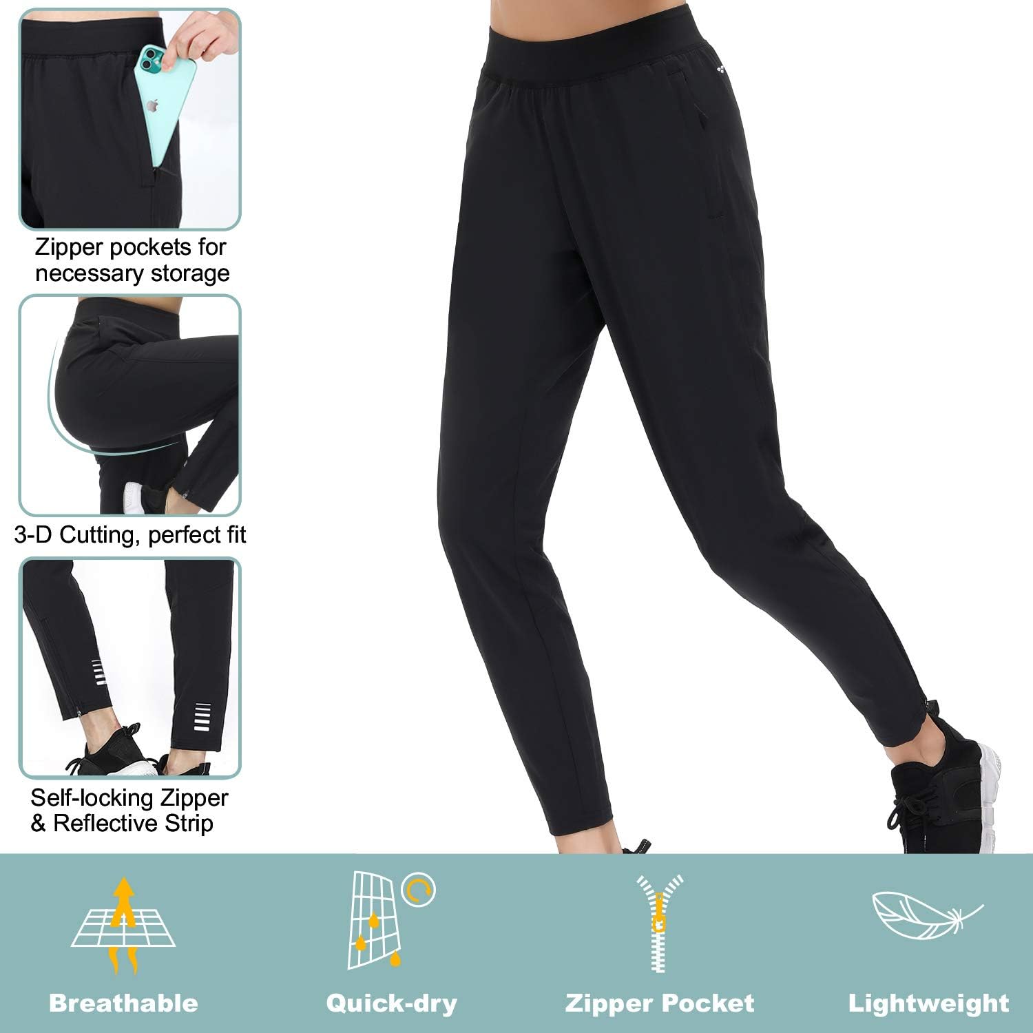 MIER Women's Lightweight Running Pants Tapered Athletic Quick Dry Hiking Pants with Pockets Sports Yoga Track Pants, Black: Clothing