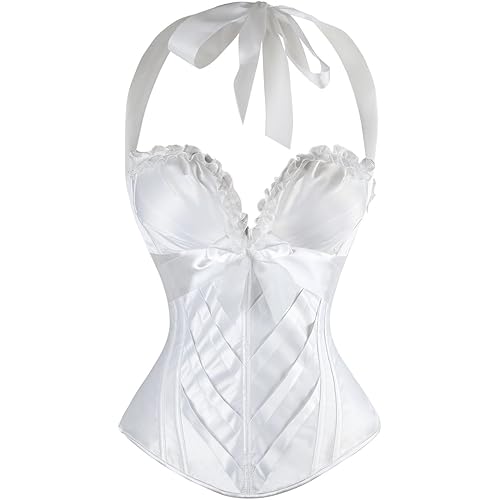 Charmian Women's Burlesque Vintage Satin Halter Boned Zipper Bustier Corset Top