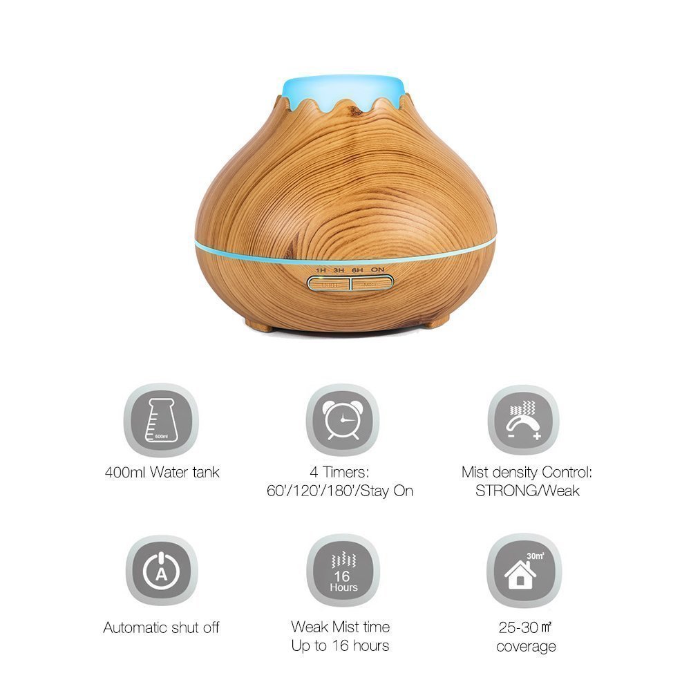 Umidificatore legno 150ml, Aroma diffusore, Wood looking umidificatore Snowberg Cool Mist Olio essenziale 7 colori LED Diffusore ad ultrasuoni per uso domestico Baby Office (aspetto del legno chiaro)