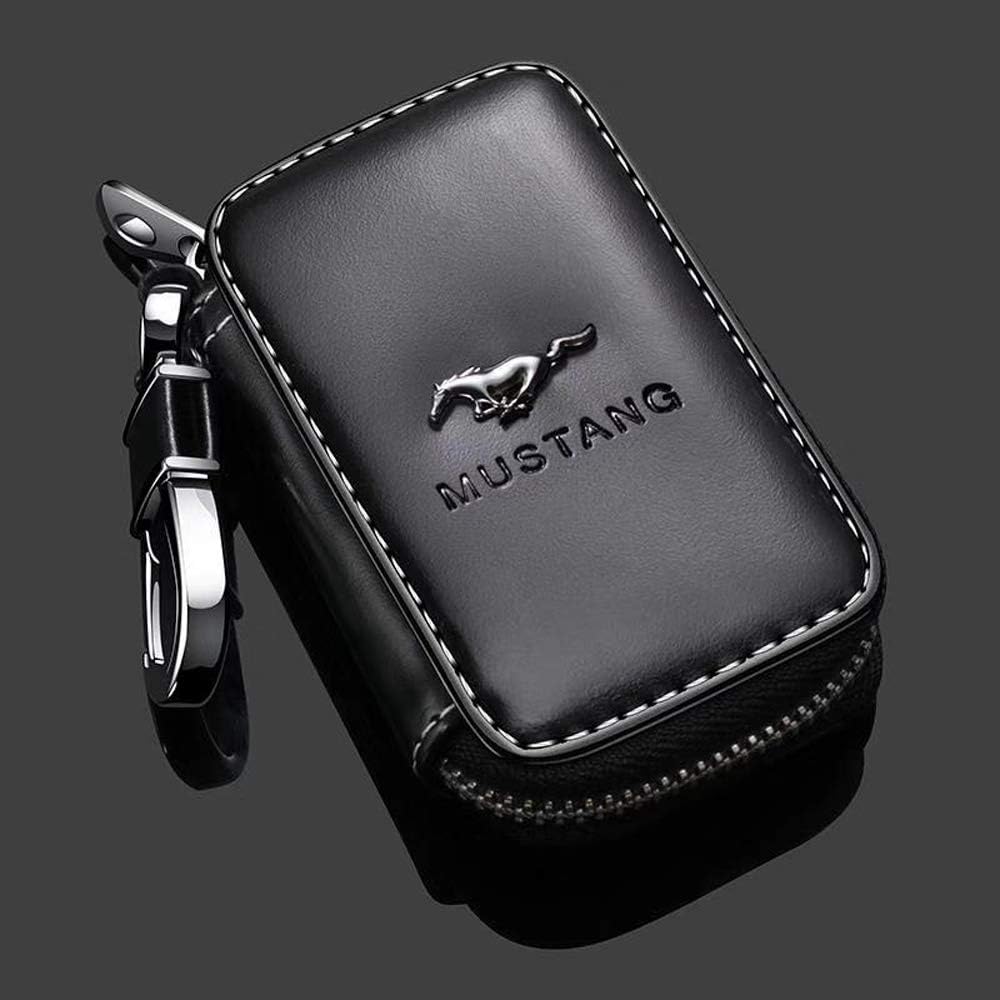 Car Key case for Mustang ,Genuine Leather Car Smart Key Chain Keychain Holder Metal Hook and Keyring Zipper Bag for Remote Key Fob (For Mustang)