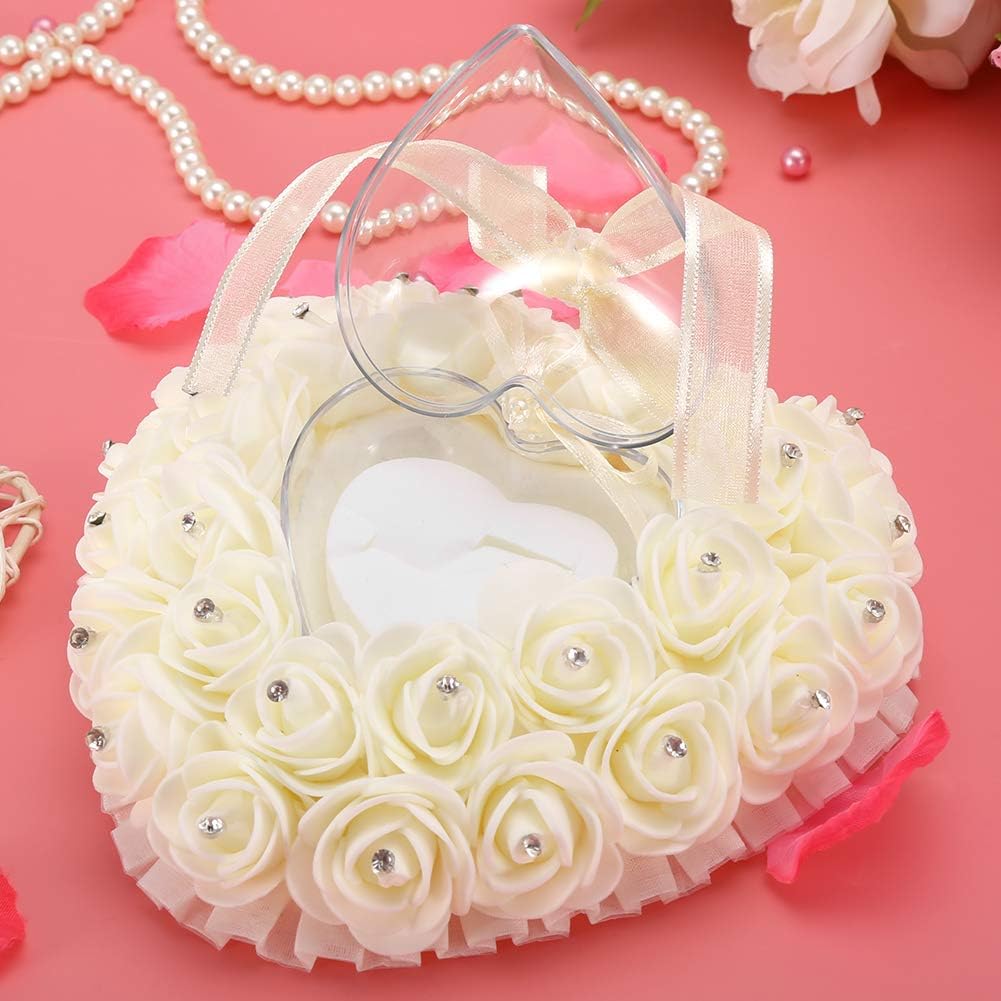 Romantic Heart-shaped Wedding Box Rose Rhinestone Decor Pillow Cushion for Case Bearer(Beige), Ivory - Image 3