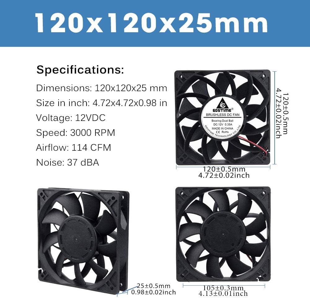 GDSTIME 120mm Fan 120mm x 25mm 12V Fan Dual Ball Bearing DC Brushless 3000 RPM Case Cooler 114 CFM Big Airflow For PSU Cabinet Server Workstation - Image 3