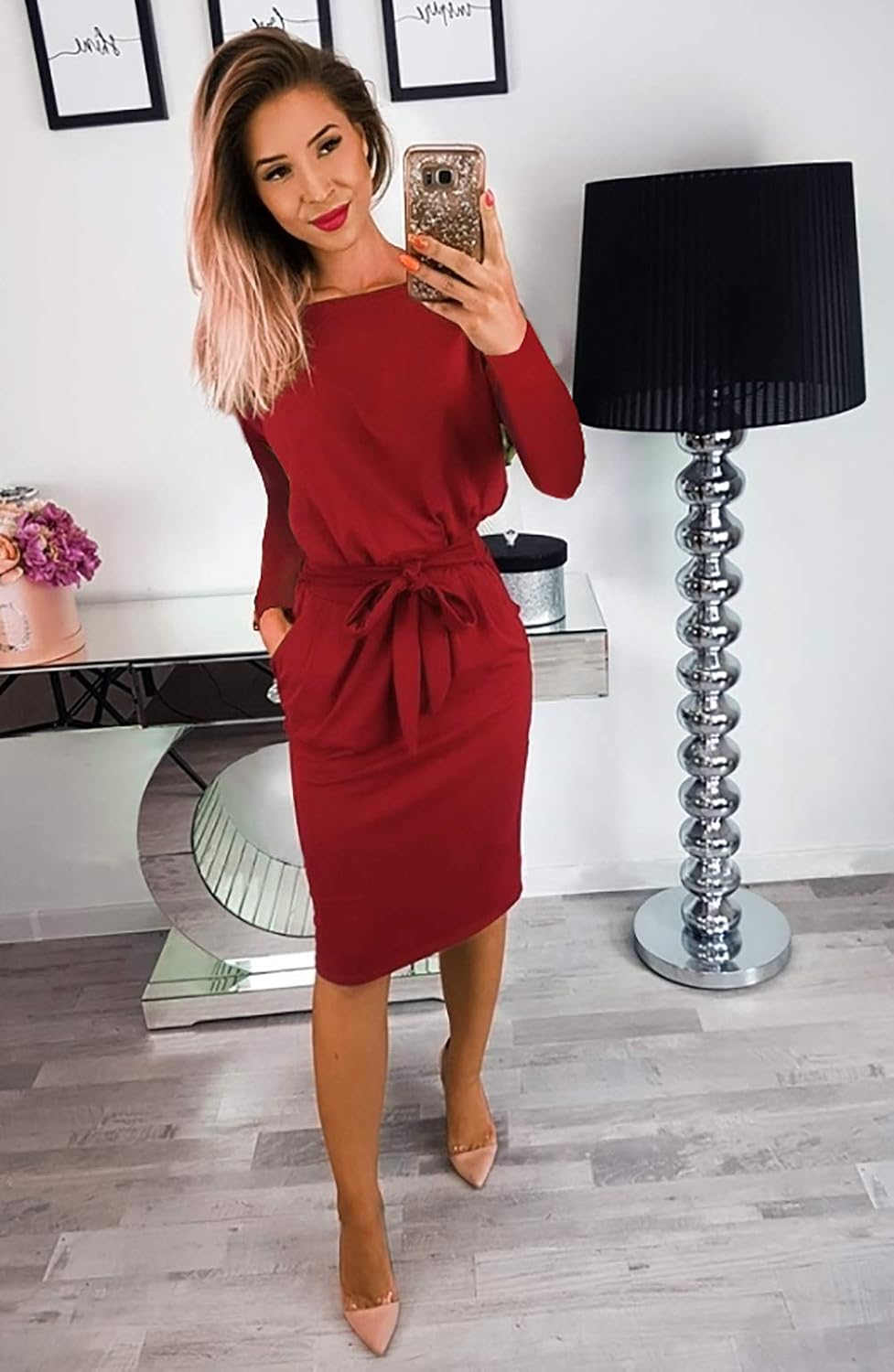 PRETTYGARDEN Women's 2020 Casual Long Sleeve Party Bodycon Sheath Belted Dress with Pockets: Clothing