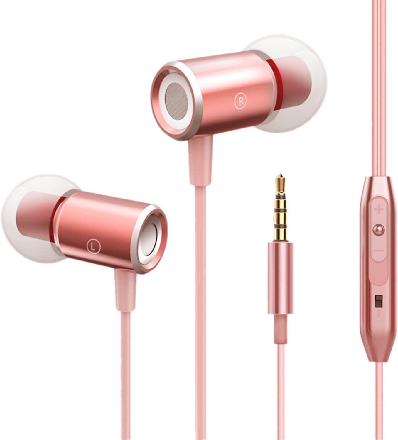 Wired Headphone Metal Earbuds Noise Cancelling Stereo Heave Bass Earphones with Micphone Mic 3.5mm Volume Control Aluminum Headphones with Magnetic Design for iPhone iPad Android Cell Phones Pink