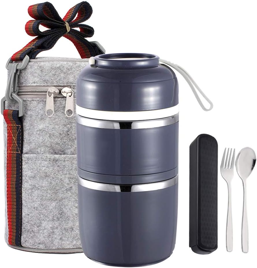 Worthbuy Bento Lunch Box Leakproof Stainless Steel Stackable Lunch Box with Bag and Reusable Cutlery Set Thermal Food Storage Container for Healthy On-The-Go Meal and Snack Packing (2-Tier, Grey)