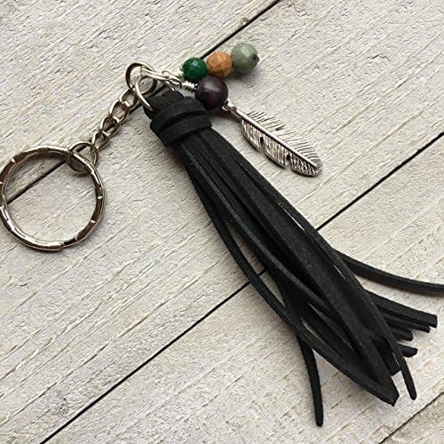 Black Tassel Key Chain with Jasper Beads and Feather Charm