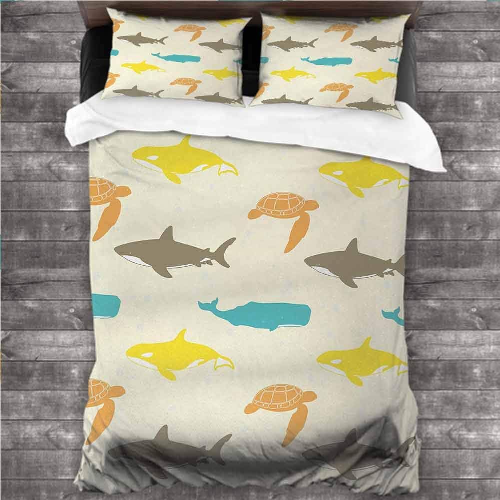 Estivation The Latest Sea Animals,Pattern with Whale,Shark and Turtle Aquarium Doodle Style Marine Life,Ivory Taupe Peach 80x90 inch Twin, Full, King Bed