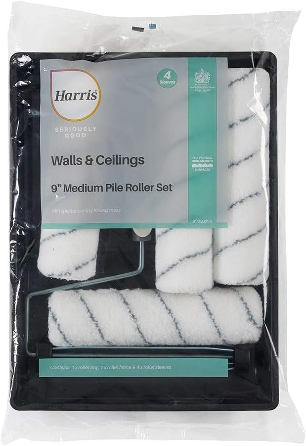 Harris Seriously Good Walls & Ceilings Paint Roller Set 9in, 1 x 9" Frame, 4 x 9" Medium Pile Roller Sleeves & Tray 9"