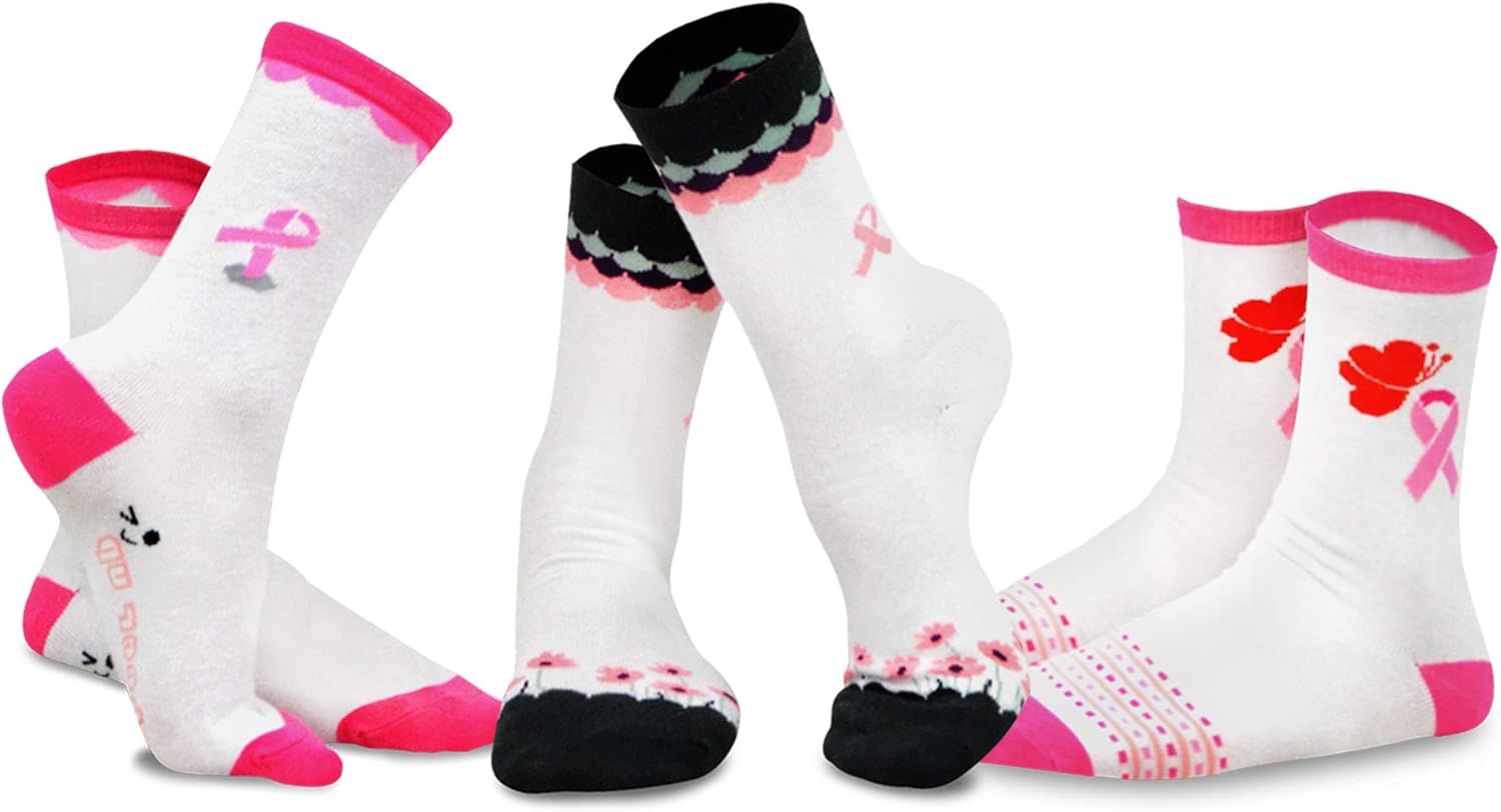 TeeHee Women Breast Cancer Awareness Crew Socks 3 Pairs Pack (Pink