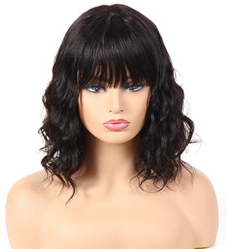 Amazon Com Hua 12 Body Wave Human Hair Wigs With Bangs Shoulder