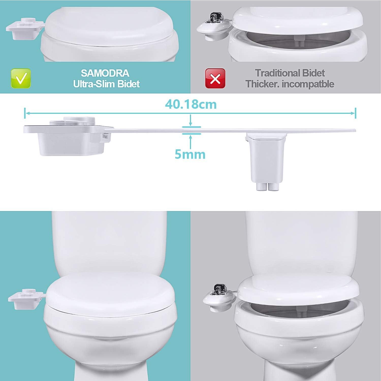Bidet Attachment for Toilet UK- SAMODRA Non-Electric Cold Water Bidet Toilet Seat Attachment with Pressure Controls,Retractable Self-Cleaning Dual Nozzles for Frontal & Rear Wash - Image 5