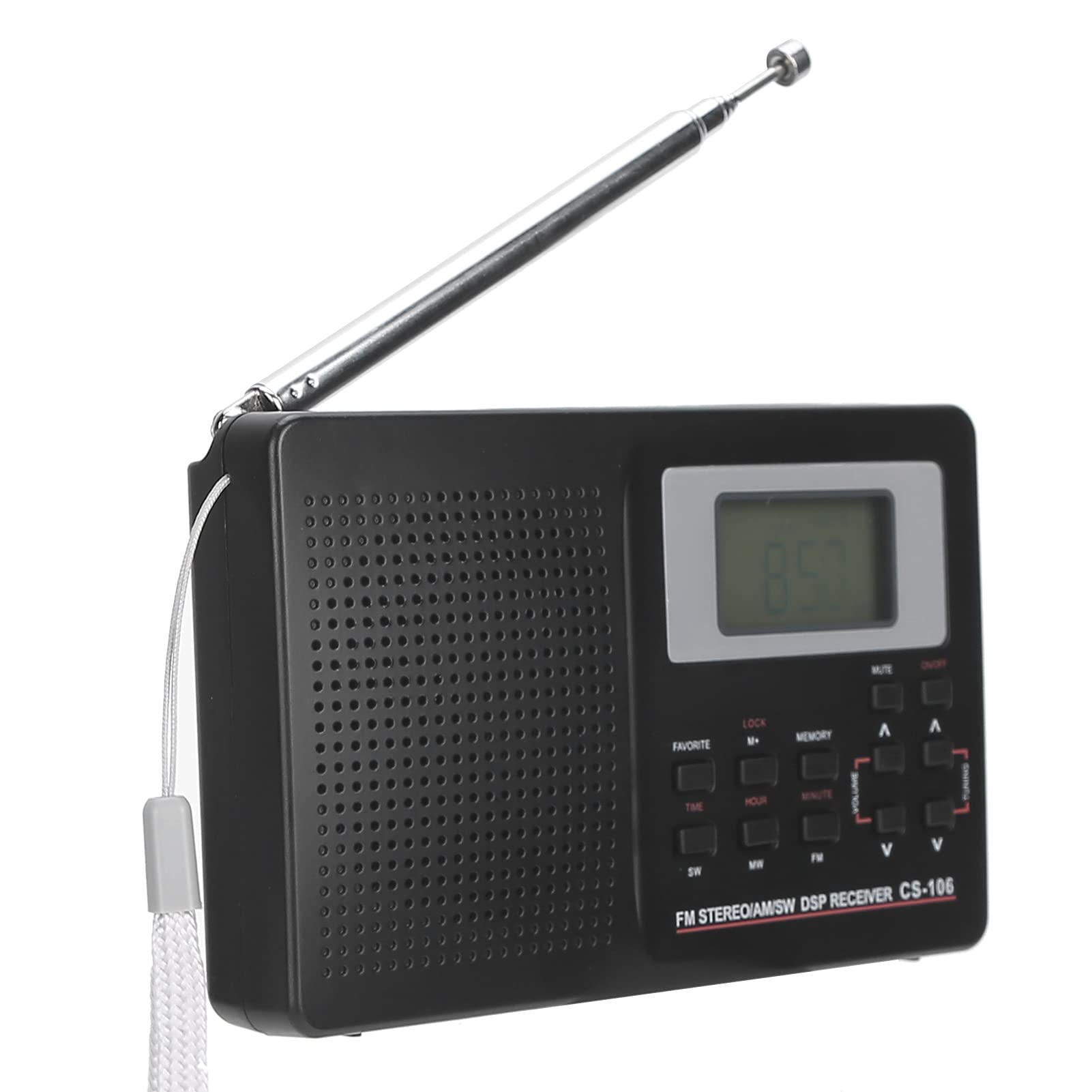 cigemay Portable Radio, Mini FM/AM/SW/MW/LW/TV Receiver Digital Radio, with Digital Clock Earphone, FM stereo, Operation flexible, Support Frame Equipped, with Headphone and Lanyard (Black)