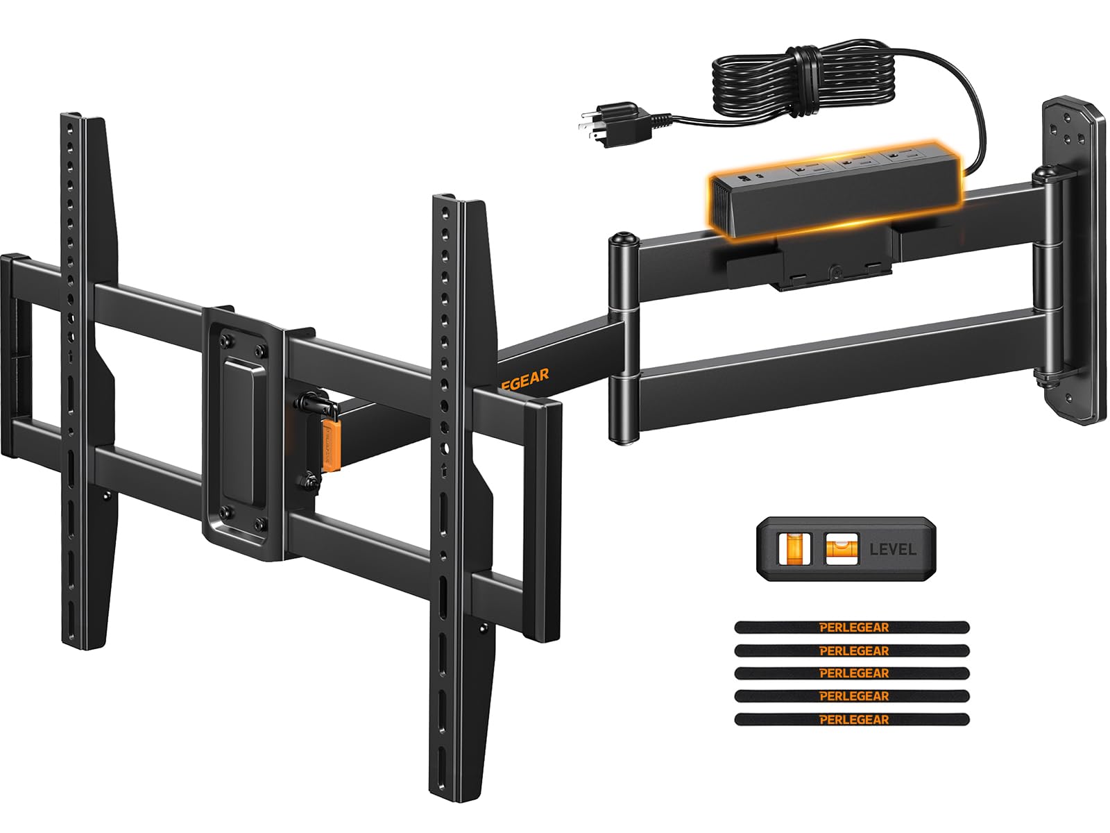 Perlegear Long Arm TV Wall Mount Full Motion with Surge Protection Power Strip for 37–75 Inch TVs, Corner TV Mount with 31.5″ Long Extension, Swivel, Tilt, Max VESA 600x400mm, Holds up to 100 lbs Image