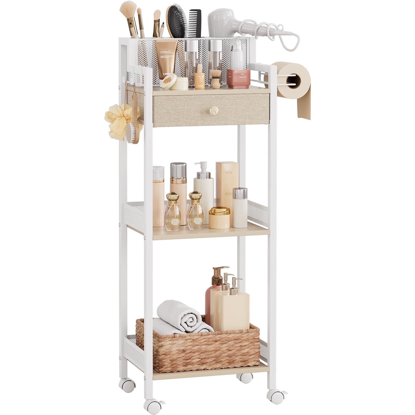 FURFUN 3 Tier Bathroom Shelf with Drawer, 12.8in Large Floor Makeup Organizers Cosmetics Display Cases Holder for Hair Tool, Skincare, Kitchen, Bathroom, Laundry Room Organization