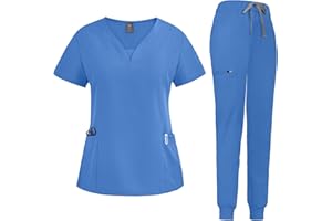 niaahinn Scrub Suit Set for Women Modern V-neck Top & Tapered Leg Jogger Pants with Drawstring Medical Nursing Uniforms Set
