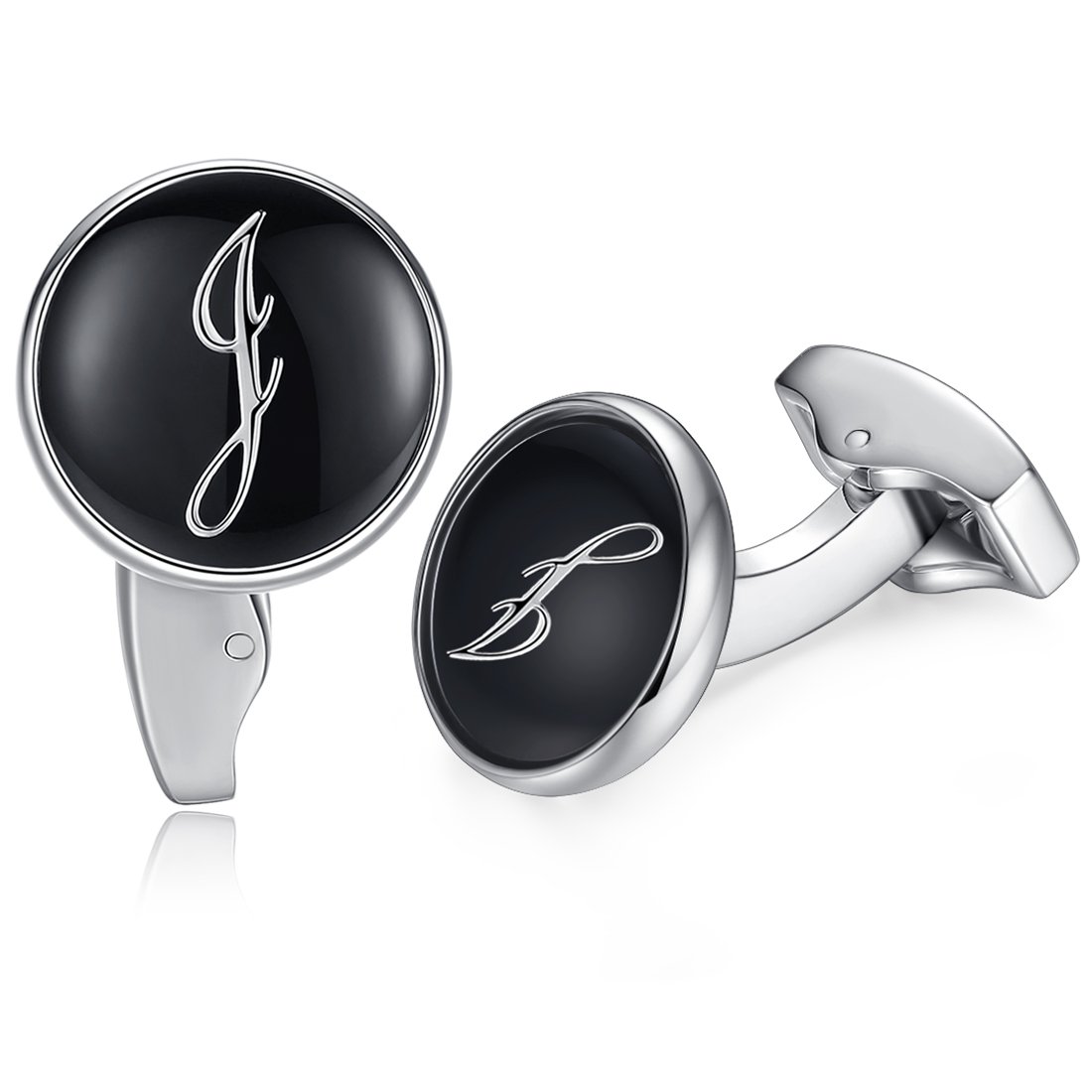 HONEY BEAR Initial Alphabet Letter Cufflinks for Men, Black Round Shape Wedding Business Gift A - Z (J)