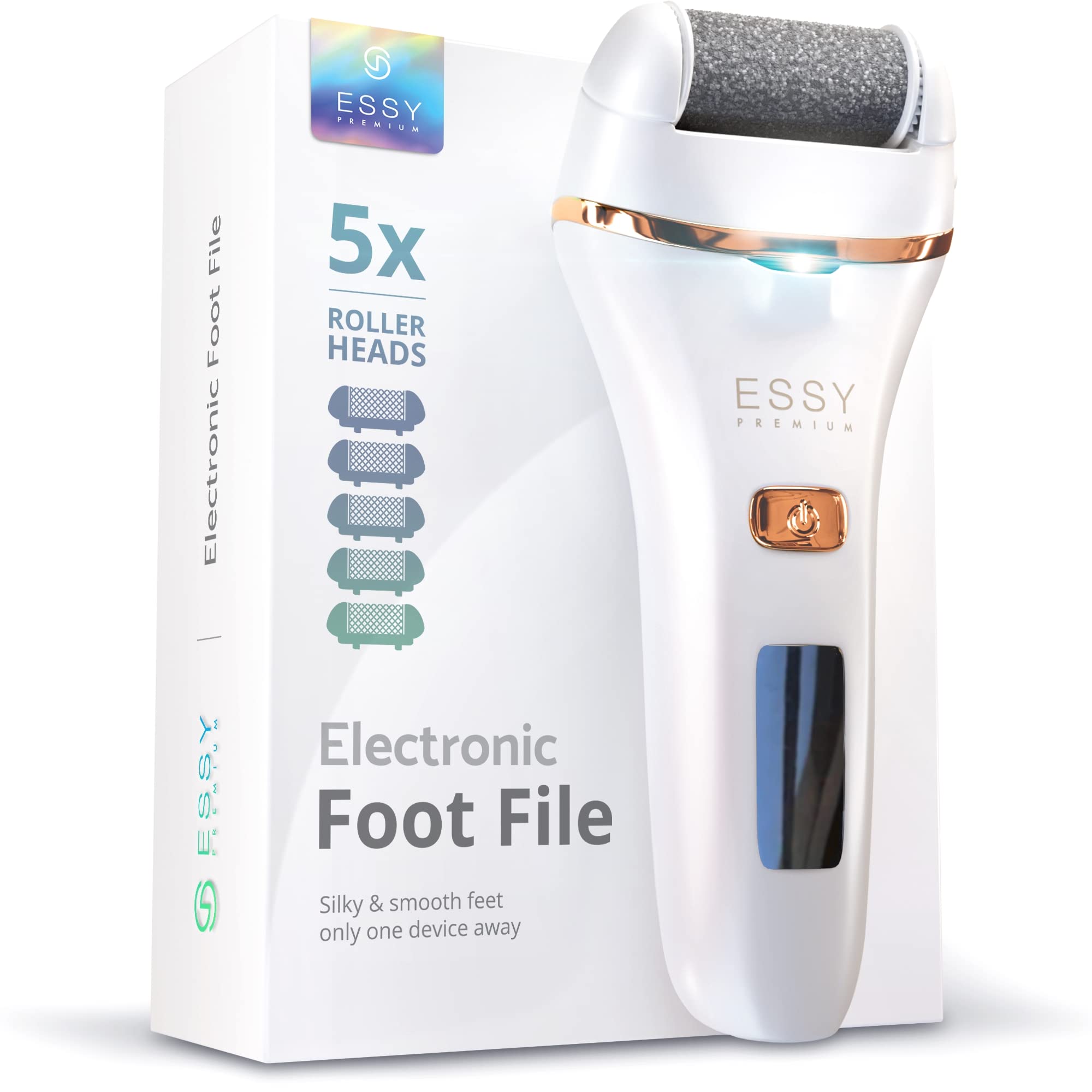 Essy Electronic Foot File Hard Skin Remover with 5 Replacement Rollers Foot File Electric Pedicure Sets Cutters Accessories for Dry Dead Hard Skin Feet Callus Remover for Feet Care Exfoliator (White)