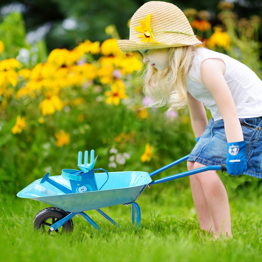 Colwelt Kids Wheelbarrow 5Pcs, Steel Wheelbarrow for Kids with Kids Gardening Tools and Gloves(Blue), Gardening Tools for Kids