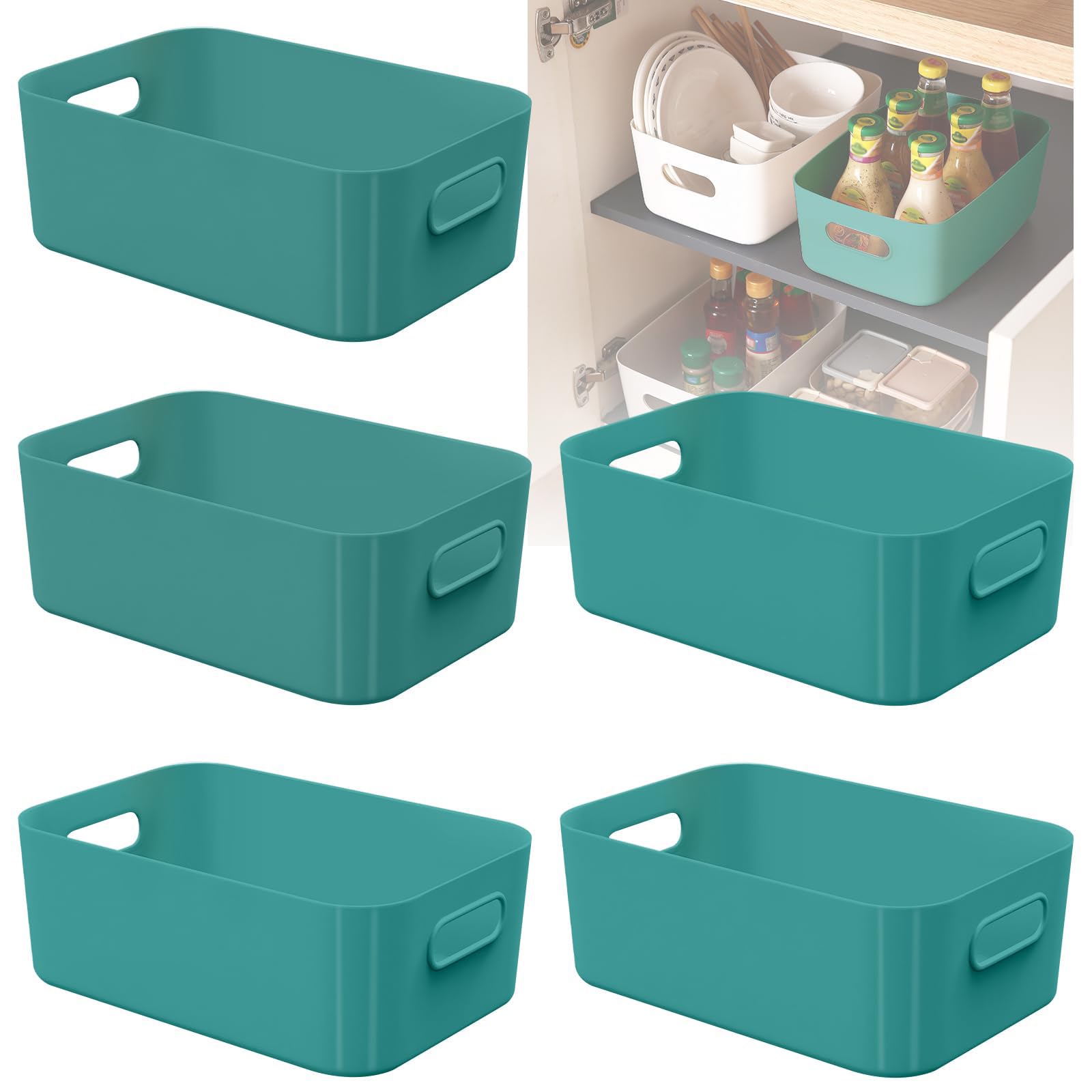 W&H 5 PCS Green Plastic Storage Boxes with Handle, Small Storage Baskets, Rectangular Home & Kitchen Organiser, Cupboard Boxes for Shelves, Bathroom, Drawer, Kitchen - 21×14×7cm — image 1